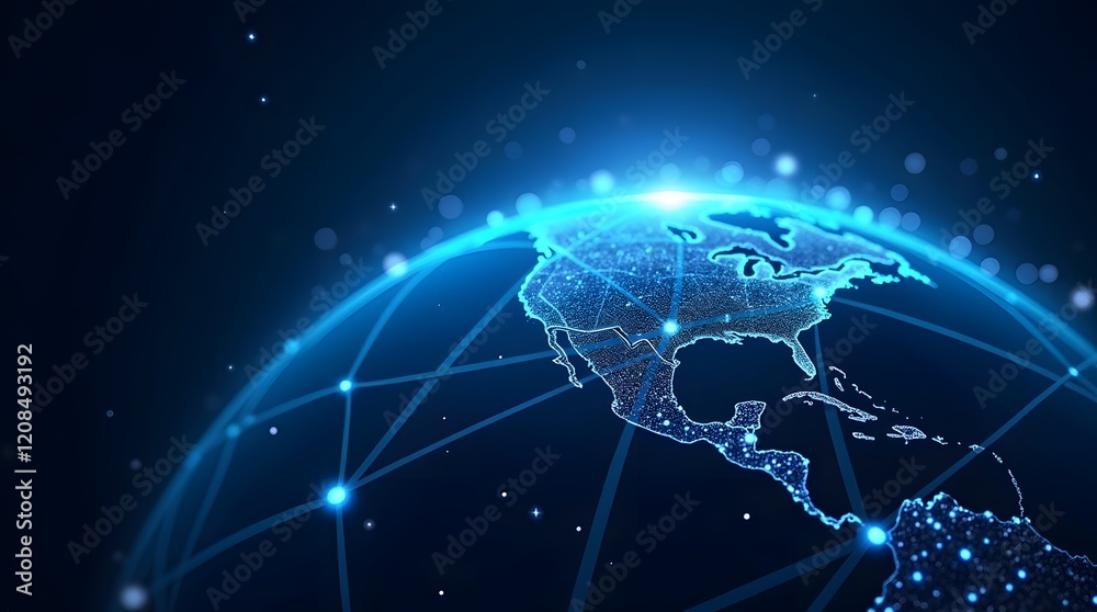 Fototapeta premium Global digital network connectivity showcasing a futuristic web of interconnected nodes around the Earth.