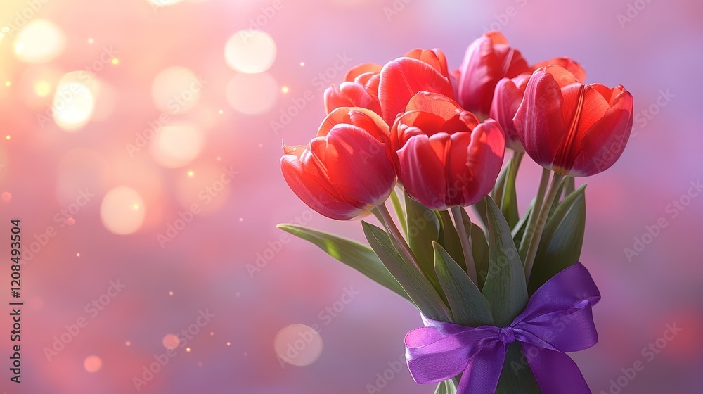 Fototapeta premium Beautiful Bouquet of Red Tulips Tied With a Purple Ribbon Against a Pink Background With Bokeh