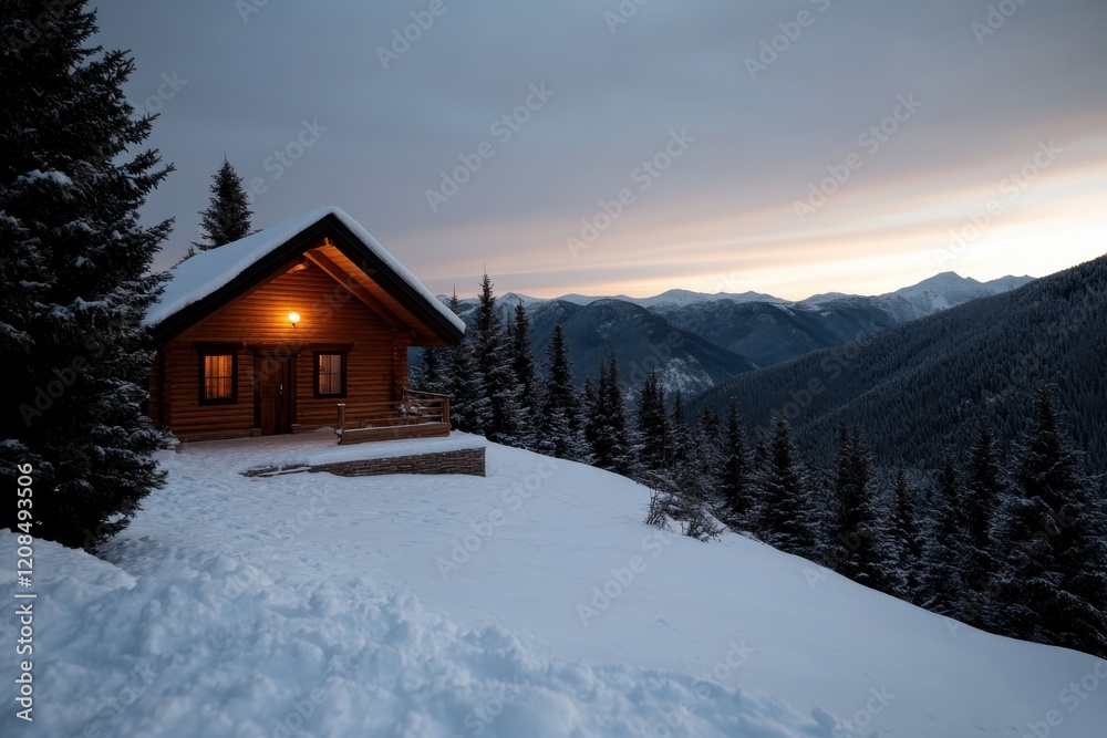 A beautifully crafted wooden cabin stands alone in a snowy landscape, surrounded by tall evergreen trees under a dusky sky, creating a peaceful winter getaway setting. A beautifully crafted wooden cabin stands alone in a snowy landscape, surrounded by tall evergreen trees under a dusky sky, creating a peaceful winter getaway setting.