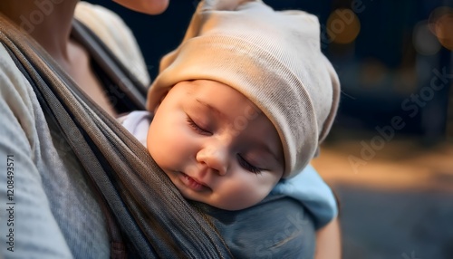 Cute little baby sleeps being carried in a sling by his mother. Happy motherhood concept
