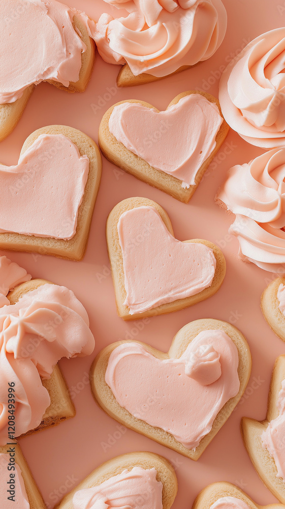 Obraz premium A close up of a tray of cookies with pink frosting and hearts on them