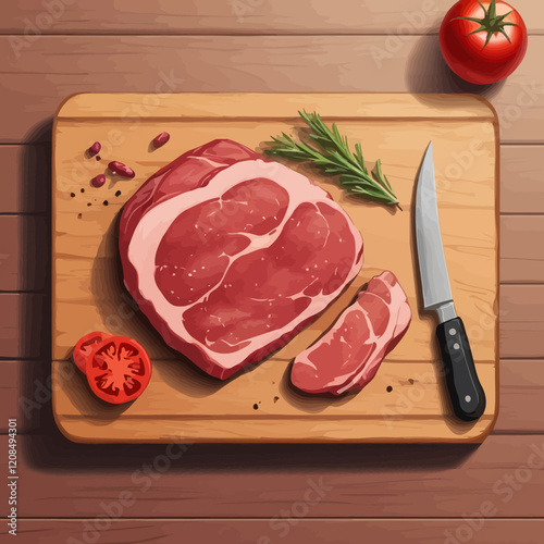 marbled beef steak with rosemary on a board for meat fork on wooden background