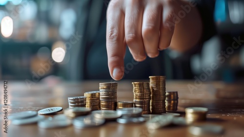 Close-up of a hand stacking coins on a wooden surface, symbolizing savings, financial planning, and investment growth in a focused setting..