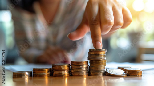 Close-up of a hand lightly touching piles of stacked coins, reflecting investment, cash flow, and economic stability.  .