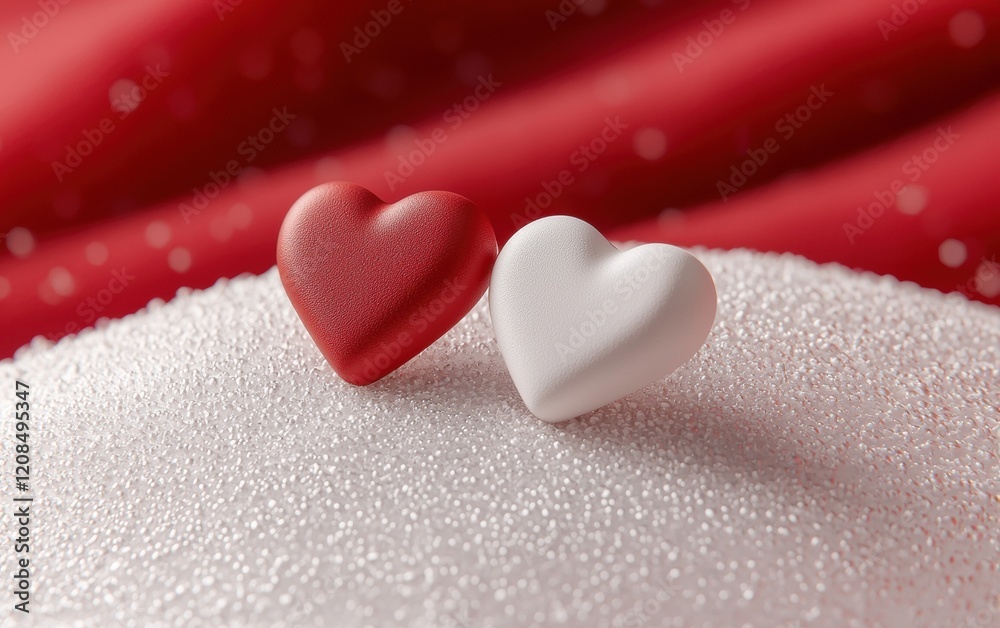 Fototapeta premium A mockup of a pair of heart-shaped earrings displayed on a soft white-to-red matte surface for valentines day and 8 march