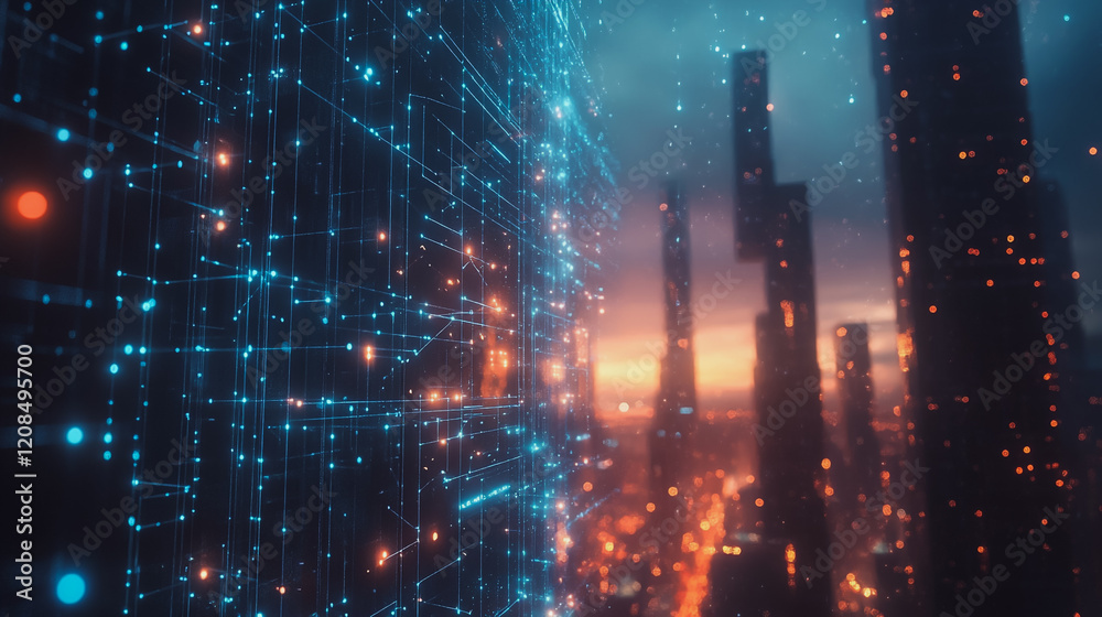 Fototapeta premium Smart digital Innovation city with connection network reciprocity over the cityscape. of future smart wireless digital city and social media networking systems that connects people with in city
