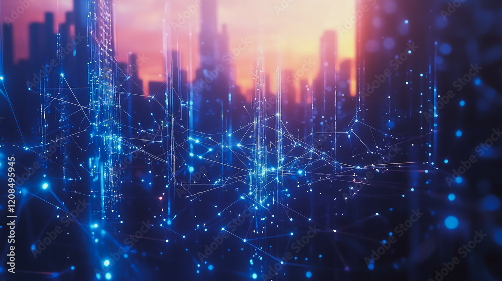 Obraz premium Smart digital Innovation city with connection network reciprocity over the cityscape. of future smart wireless digital city and social media networking systems that connects people with in city