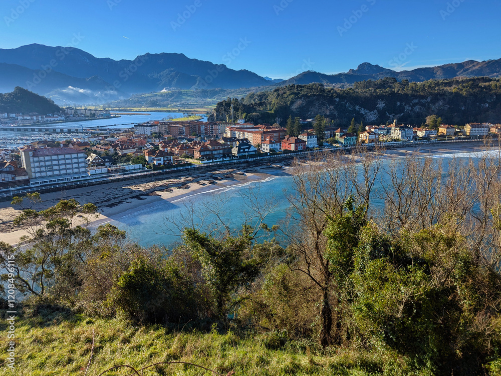 Fototapeta premium Aerial view of Ribadesella and Santa Marina beach, Asturias, Spain