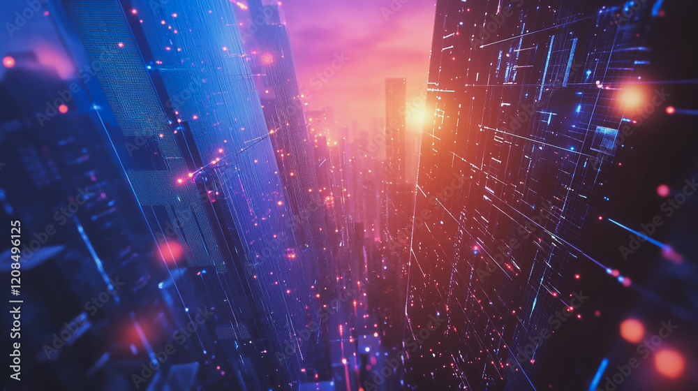 Obraz premium Smart digital Innovation city with connection network reciprocity over the cityscape. of future smart wireless digital city and social media networking systems that connects people with in city