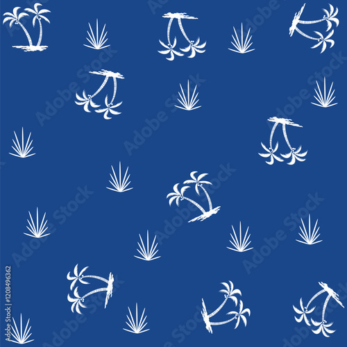 Design in palm tree pattern with bushes and waves reminiscent of beach holidays, with doodles and spring-toned backgrounds. Miniprint made with surfer-style texture.