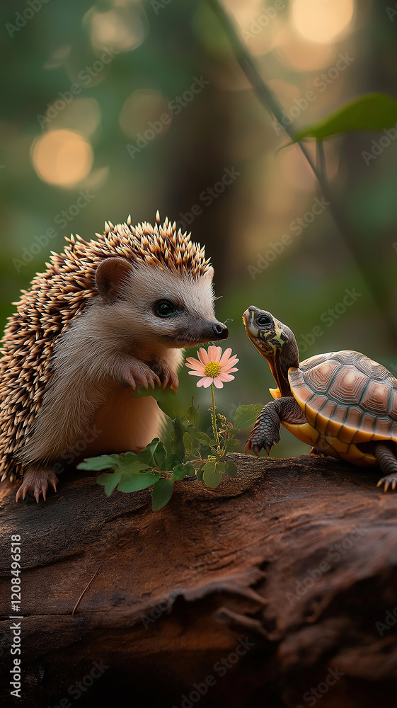 Fototapeta premium A hedgehog and a turtle are sitting on a rock