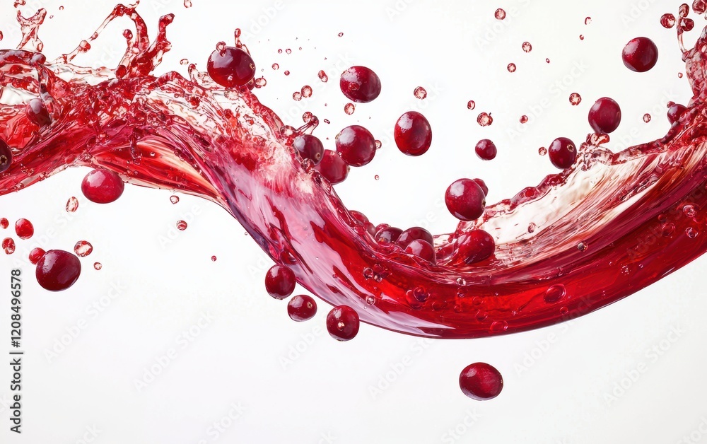 A vibrant red wave of cranberry juice with thick pulp and scattered cranberries, splashing energetically on a bright white backdrop A vibrant red wave of cranberry juice with thick pulp and scattered cranberries, splashing energetically on a bright white backdrop