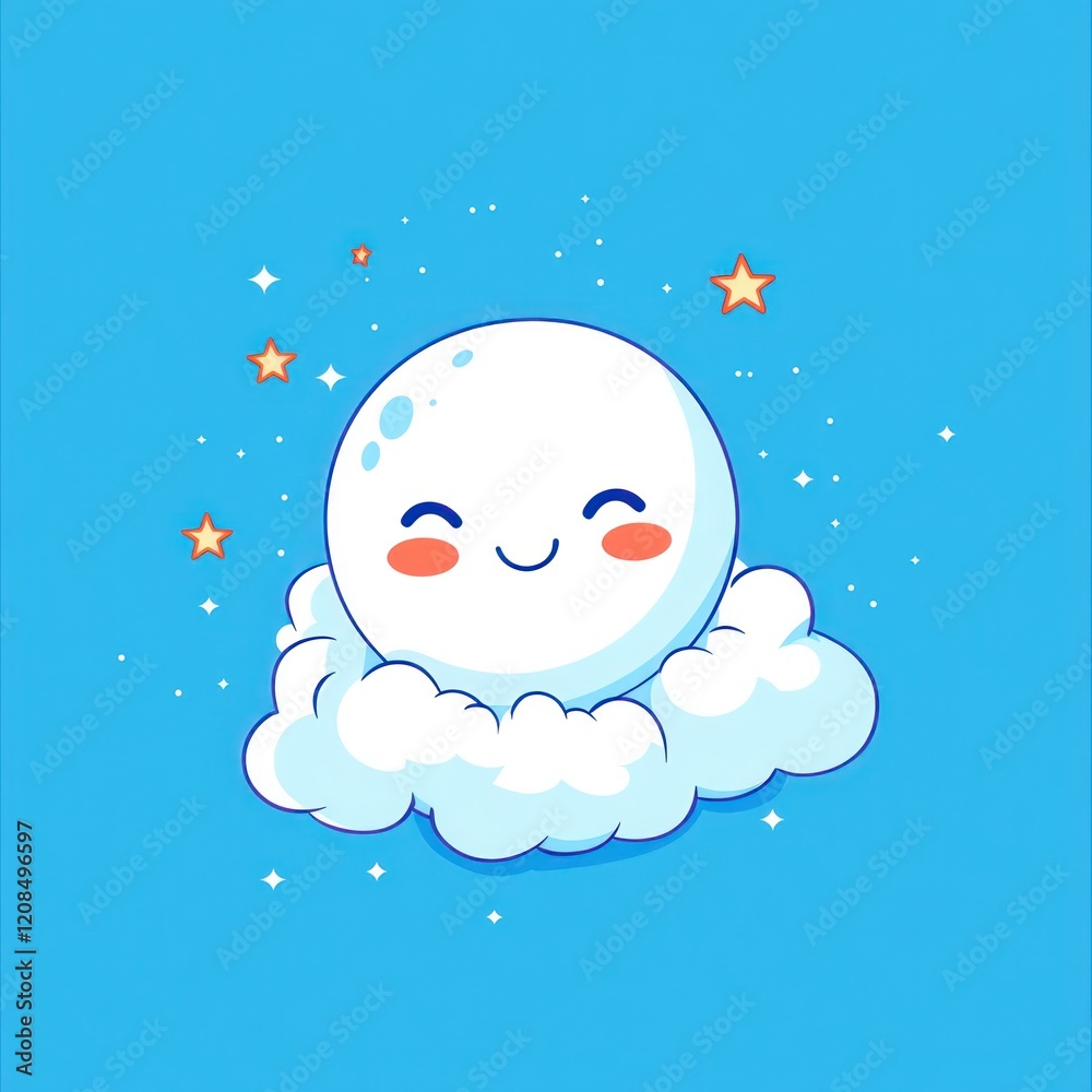 Happy Moon Smiling on a Fluffy Cloud in the Night Sky Happy Moon Smiling on a Fluffy Cloud in the Night Sky