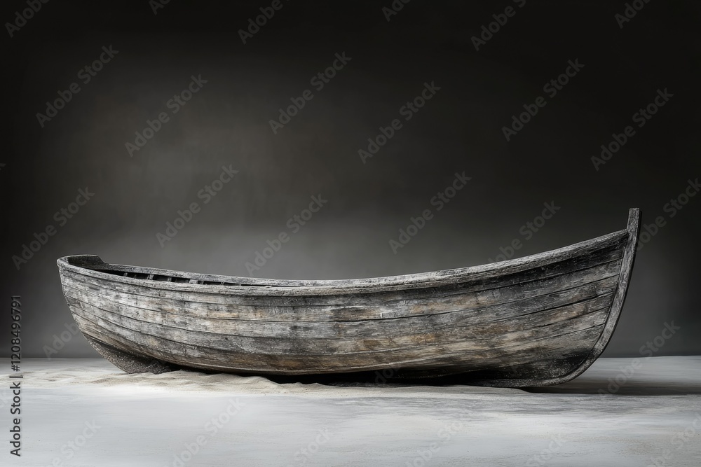 A weathered wooden boat rests on a sandy shore, a timeless image of solitude and age. A weathered wooden boat rests on a sandy shore, a timeless image of solitude and age.