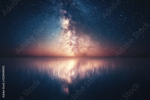 Milky Way galaxy reflected in still water at sunset, creating a breathtaking celestial scene. photo