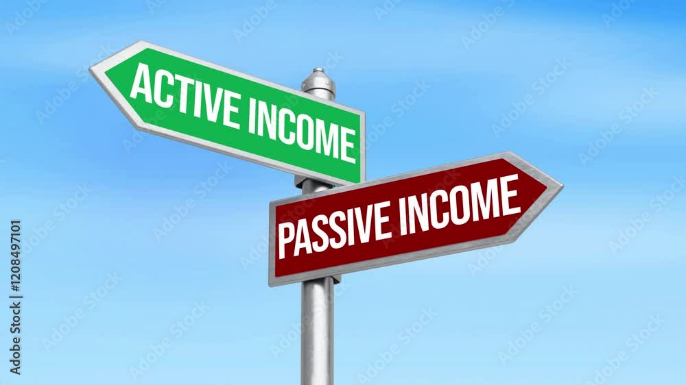 Active Income vs Passive Income on the signboards in the opposite direction with sky, 4k animation. Business and finance concept. Active Income vs Passive Income on the signboards in the opposite direction with sky, 4k animation. Business and finance concept.