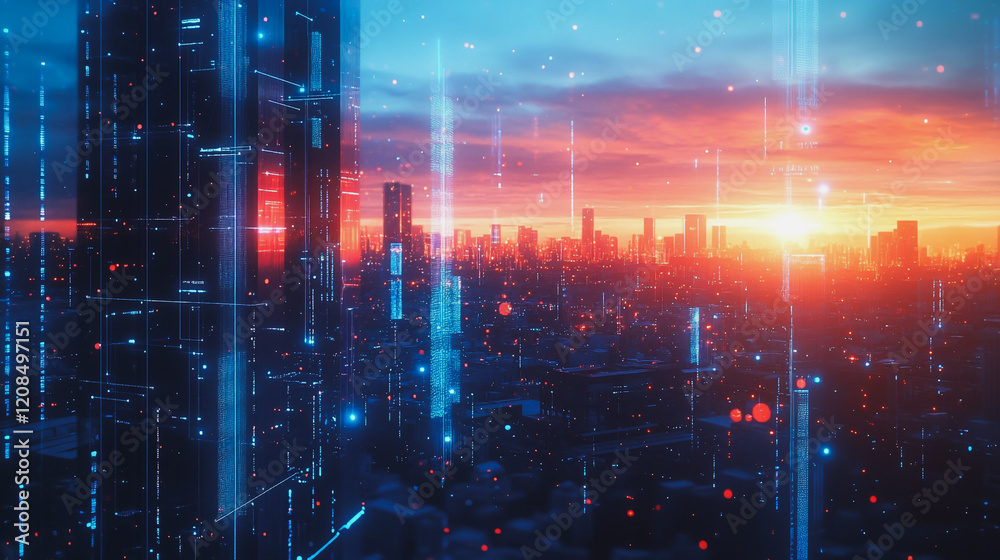Fototapeta premium Smart digital Innovation city with connection network reciprocity over the cityscape. of future smart wireless digital city and social media networking systems that connects people with in city