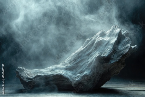 A large, weathered driftwood piece rests on a wooden surface, shrouded in ethereal mist. photo