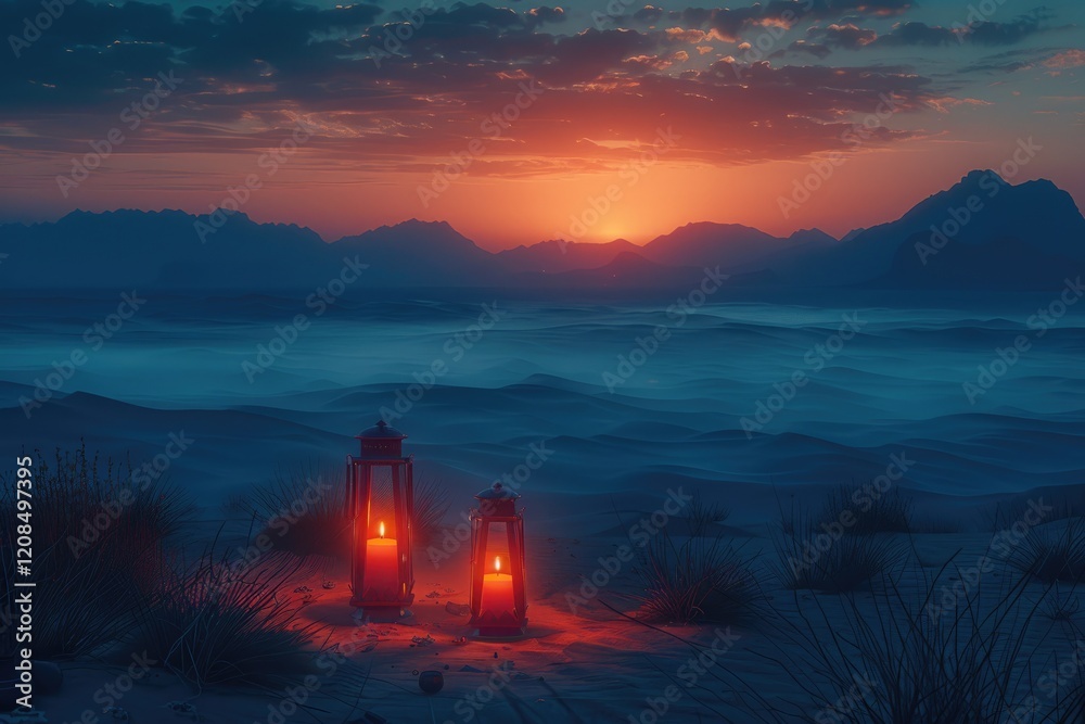 Fototapeta premium Desert Sunset with Two Lit Lanterns Illuminating Sand Dunes