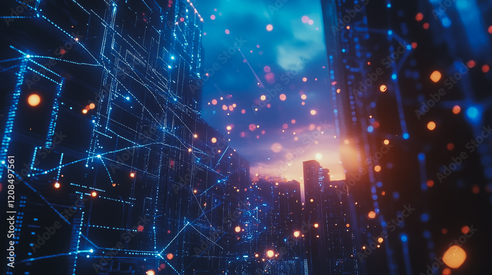 Obraz premium Smart digital Innovation city with connection network reciprocity over the cityscape. of future smart wireless digital city and social media networking systems that connects people with in city