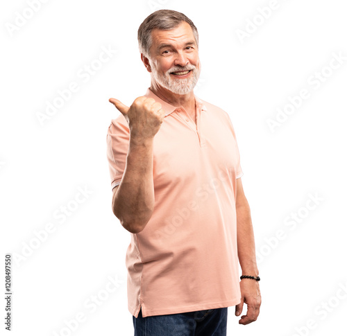Happy mature business man entrepreneur, smiling older professional manager, confident businessman presenting ads advertising product or service isolated on transparent background.