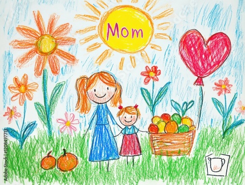 A mother and child stand in a colorful flower garden, surrounded by daisies and butterflies. They hold a card and a balloon saying Mom, with a basket of fruits nearby under a smiling sun