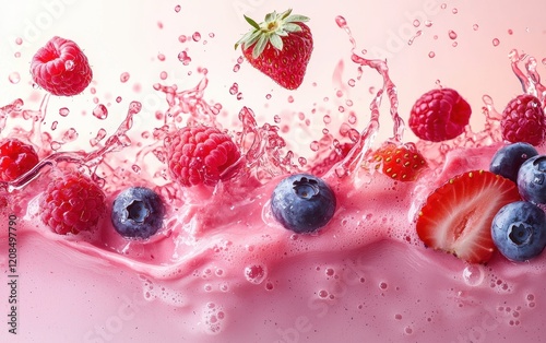 A radiant pink wave of mixed berry juice with visible pulp and flying blueberries, raspberries, and strawberries, splashing on a pastel gradient backdrop