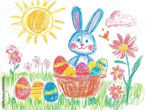 A cheerful bunny holds a basket overflowing with colorful Easter eggs. Surrounded by flowers, a rainbow, and a bright sun, the artwork captures the essence of spring joy