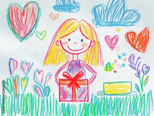 A cheerful girl stands in a vibrant field filled with colorful flowers and hearts, holding a wrapped gift. Fluffy clouds float above in a joyful, playful atmosphere, creating a sense of happiness