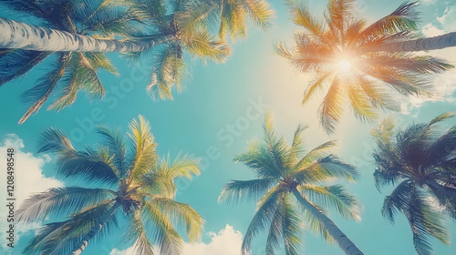 Looking up at blue sky and palm trees, view from below, vintage style, tropical beach and summer background, travel concept