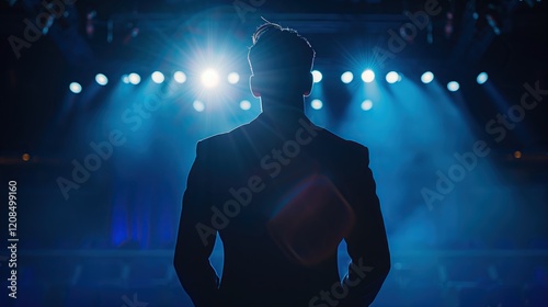 Young man in a suit with slicked-back hair, standing on stage under dramatic lighting. His silhouette is highlighted against a blue background, facing forward as if addressing an audience.