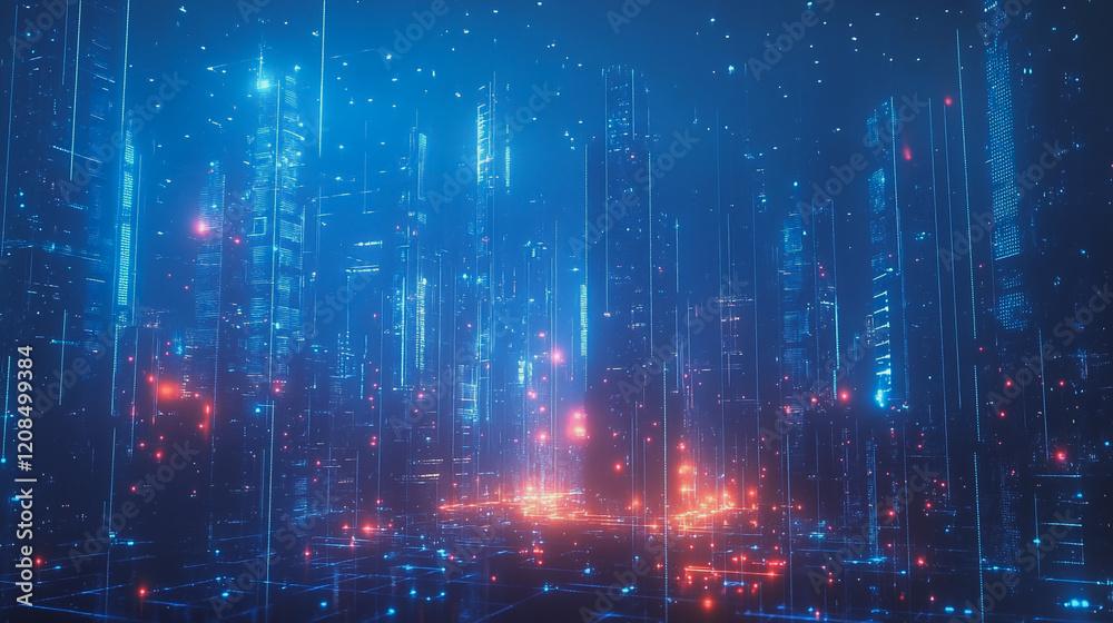 Obraz premium Smart digital Innovation city with connection network reciprocity over the cityscape. of future smart wireless digital city and social media networking systems that connects people with in city