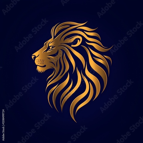 Golden lion head profile, elegant design. photo