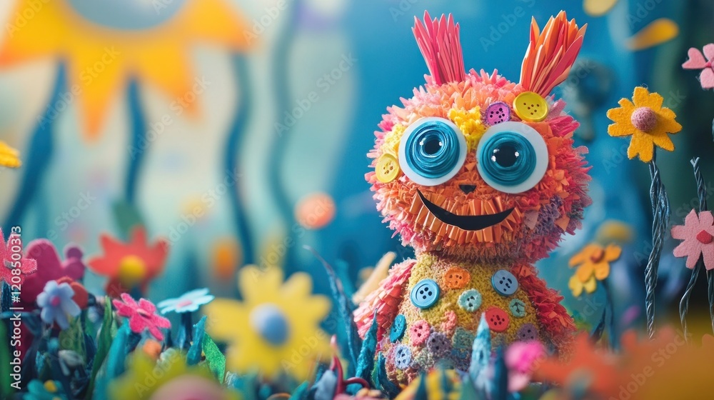 Naklejka premium Colorful and Quirky Plush Monster Figurine with Expressive Design and Vibrant Textured Details This unusual and captivating character features a playful fantastical and one of a kind aesthetic