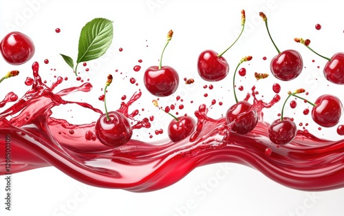 A sparkling red wave of cherry juice with visible cherry pulp and flying cherries, bursting into dynamic splashes on a clean white surface