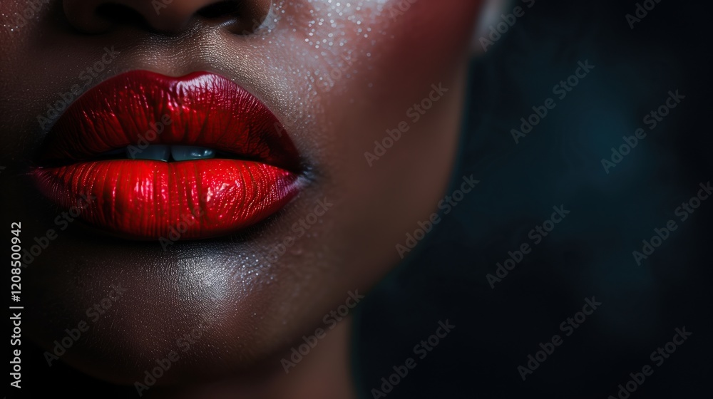 Obraz premium High-definition close-up of a woman with dark skin and glossy red lips, showcasing artistic elegance and modern refinement. .