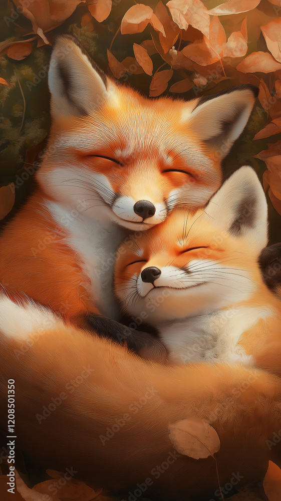 Obraz premium Two foxes are hugging each other in a forest