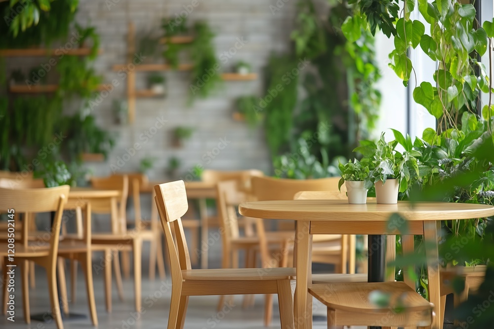 Obraz premium Cozy restaurant interior design with empty wooden chairs, tables and green plants decoration. Modern cafe interior filled with indoor plants, eco style 