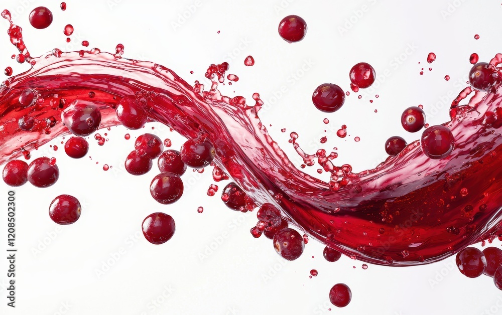 A vibrant red wave of cranberry juice with thick pulp and scattered cranberries, splashing energetically on a bright white backdrop A vibrant red wave of cranberry juice with thick pulp and scattered cranberries, splashing energetically on a bright white backdrop