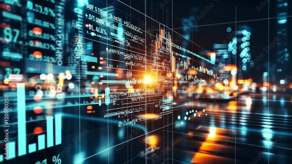 Modern urban landscape showcasing digital data visualization and financial analytics at night