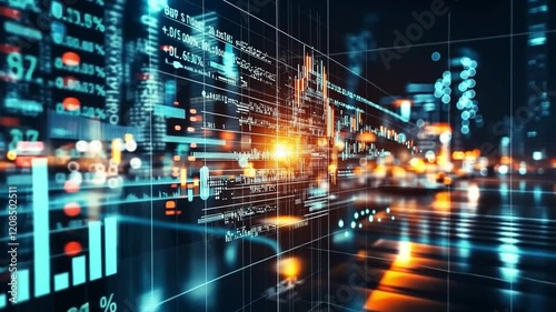 Modern urban landscape showcasing digital data visualization and financial analytics at night