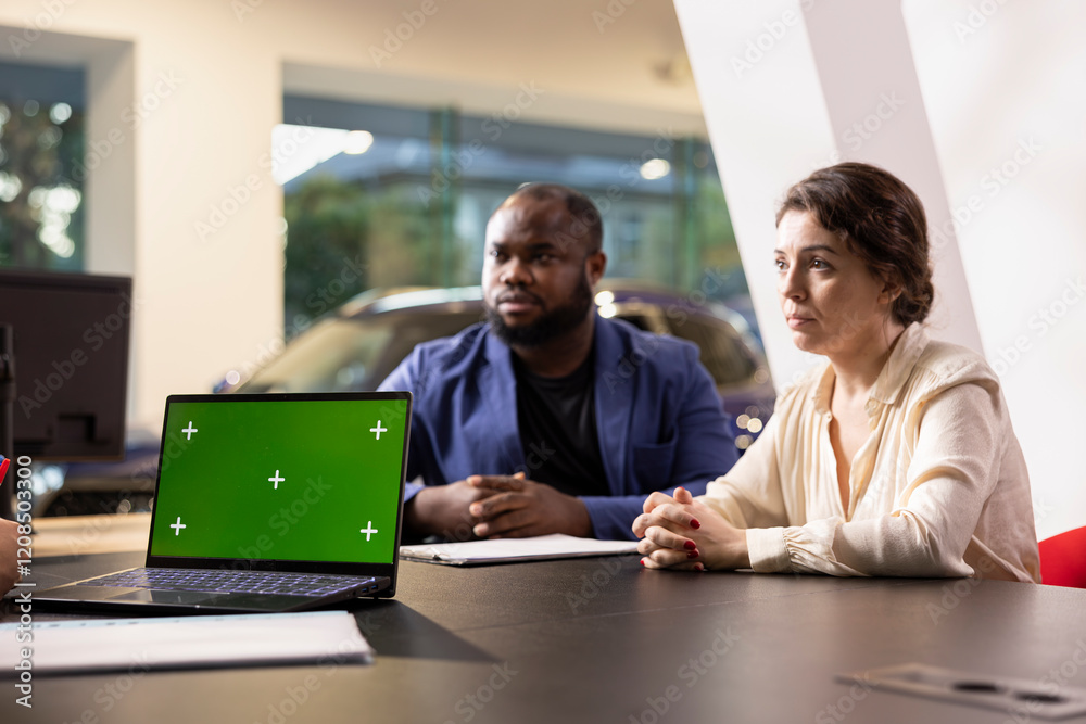 Salesman showing car features on green screen laptop to customers, hoping to close deal. Showroom agent trying to persuade clients to make purchase by presenting vehicle addons on mockup notebook Salesman showing car features on green screen laptop to customers, hoping to close deal. Showroom agent trying to persuade clients to make purchase by presenting vehicle addons on mockup notebook