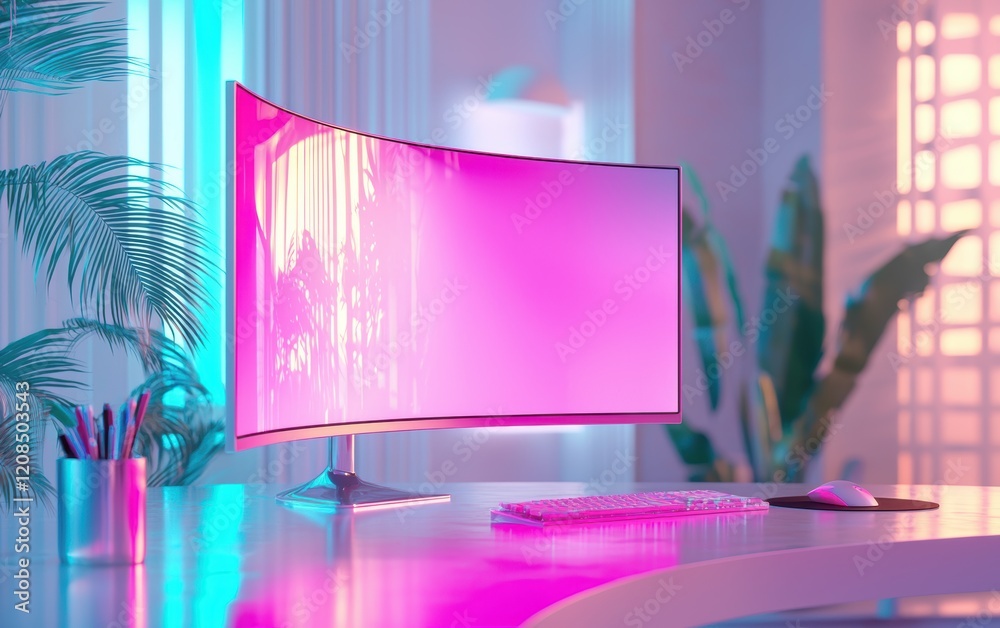 Elegant workspace with a curved monitor mockup, neon pink and cyan ambient lights reflecting off the desk, a modern and cozy home office Elegant workspace with a curved monitor mockup, neon pink and cyan ambient lights reflecting off the desk, a modern and cozy home office