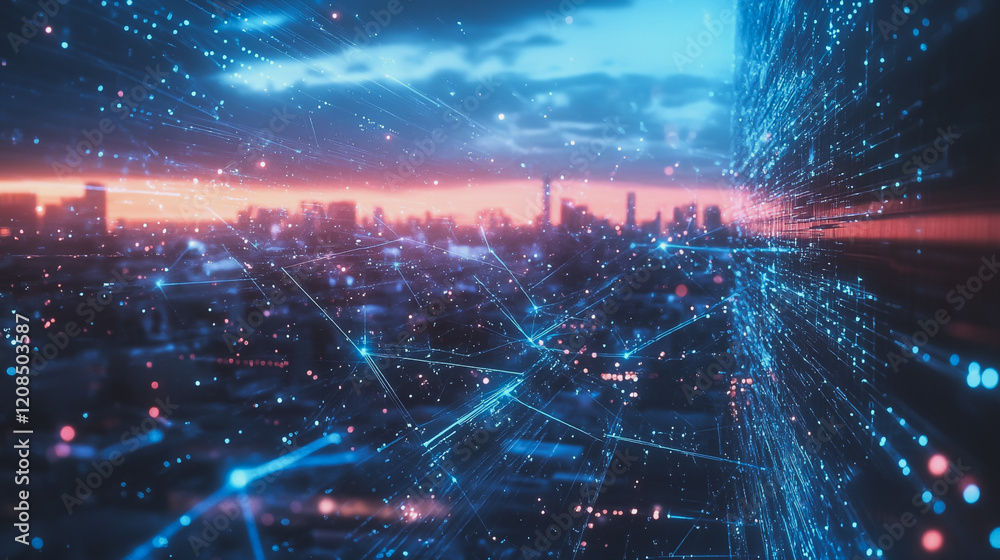 Smart digital Innovation city with connection network reciprocity over the cityscape. of future smart wireless digital city and social media networking systems that connects people with in city