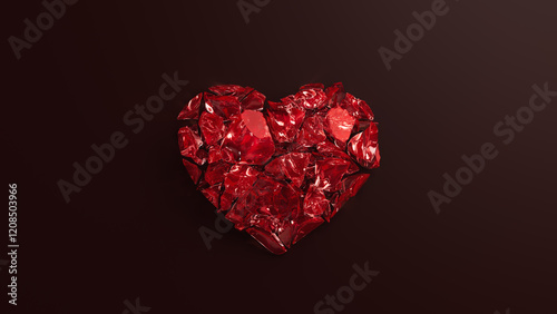 A red shuttered glass heart on a black background. Cracked glass as symbol of broken heart. Break up, divorce concept. 3d render illustration