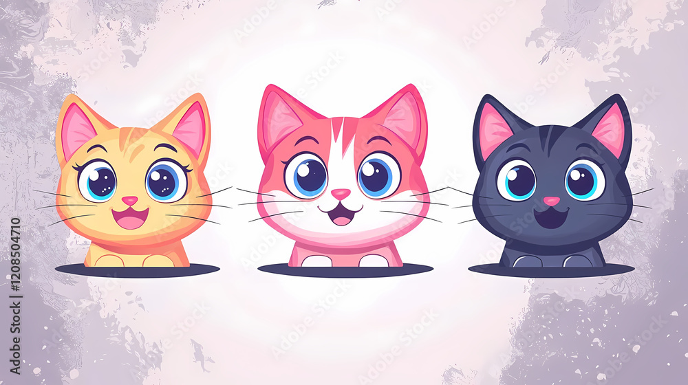 Three adorable cartoon kittens peeking playfully. Three adorable cartoon kittens peeking playfully.