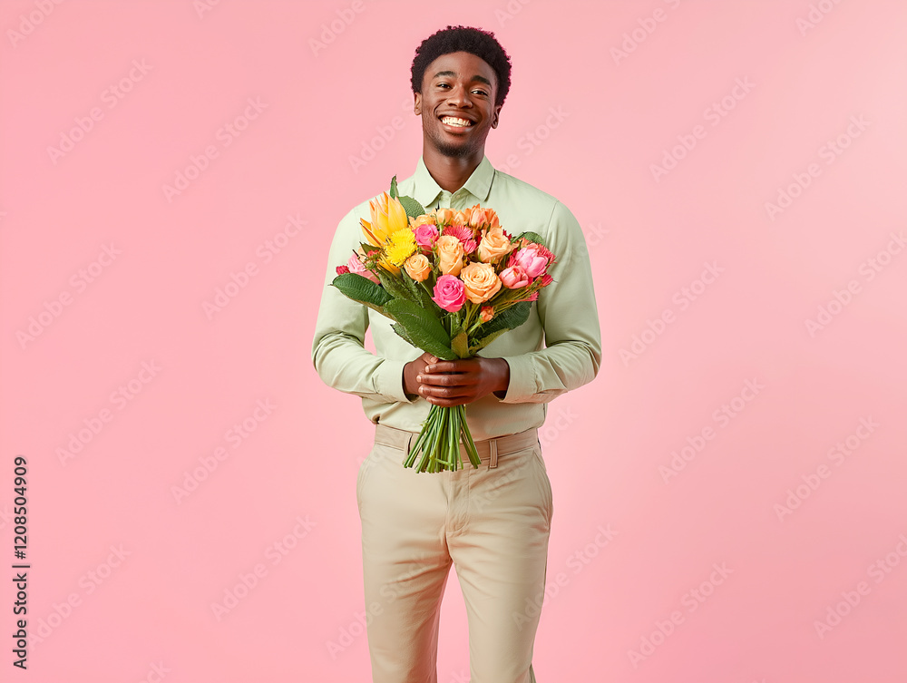 Smiling young man holding a bouquet of colorful flowers, wearing a light green shirt, standing against a soft pink background, cheerful and romantic gesture of kindness captured Smiling young man holding a bouquet of colorful flowers, wearing a light green shirt, standing against a soft pink background, cheerful and romantic gesture of kindness captured