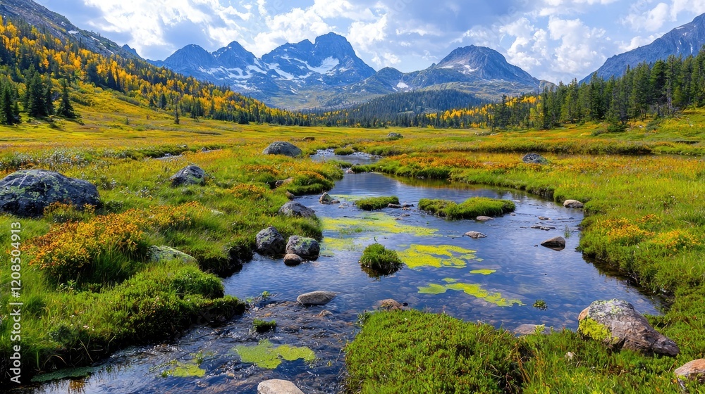 Fototapeta premium Mountain stream autumn landscape, valley, tranquility