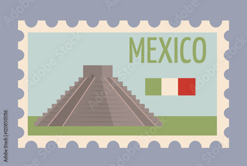 Flat design Mexican stamp featuring a pyramid and flag on a light green background. Represents Mexican culture, travel, and history. Vector illustration
