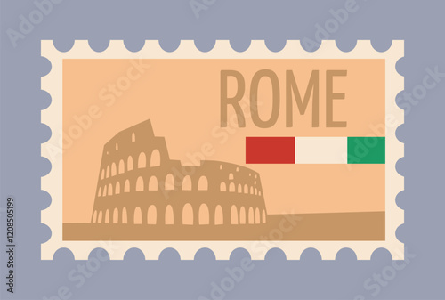 Postage stamp design showing the Colosseum in Rome, Italian flag colors, minimal vector style on a gray background. Concept of travel and heritage. Vector illustration.